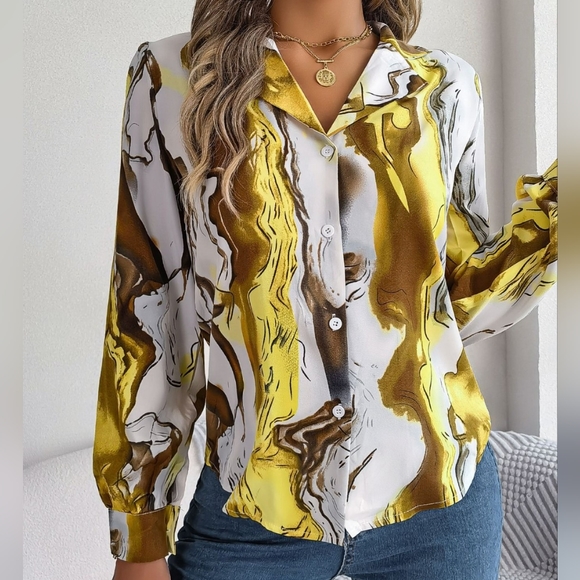 Marbleized Charm Button Up Blouse - Yellow - Picture 3 of 4